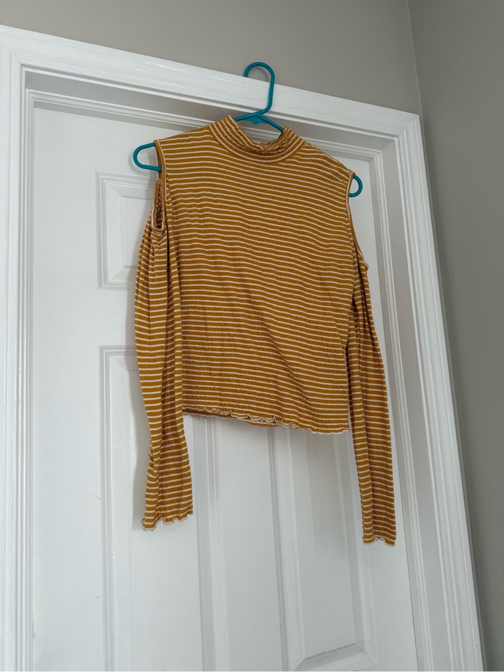 Love Culture Mustard & White Striped Cold-Shoulder Long Sleeve Top